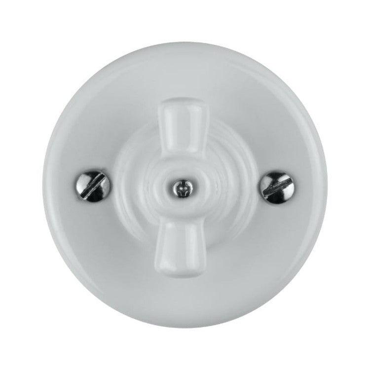 Porcelanowy włącznik obrotowy natynkowy, schodowy, VINTAGE, biały