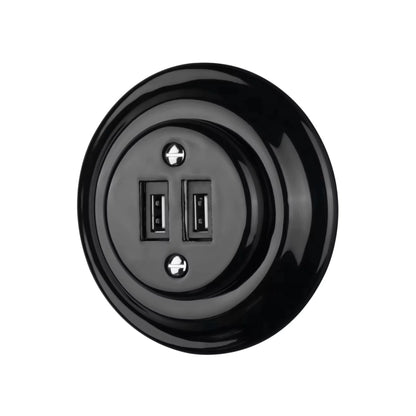 Porcelanowe gniazdo  USB, 2x USB-A, 5V/3,2A, VINTAGE czarne